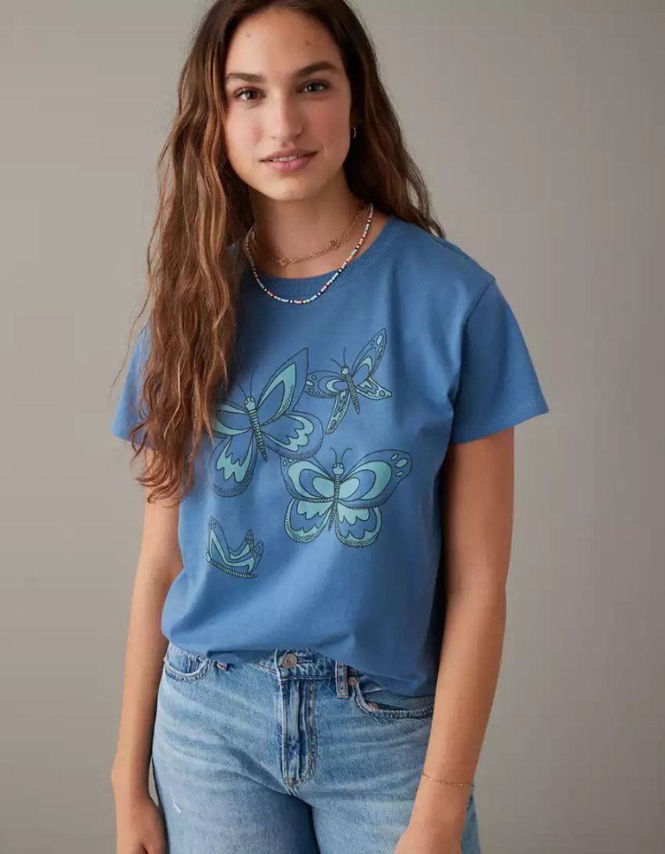 T Shirts American Eagle AE Graphique Tee Bleu Femme | QQV-54818900